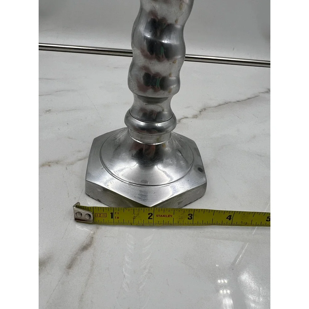 Vintage Pewter Barley Twist Candlestick Holder Hexagon Base 9.25 Inch Silver